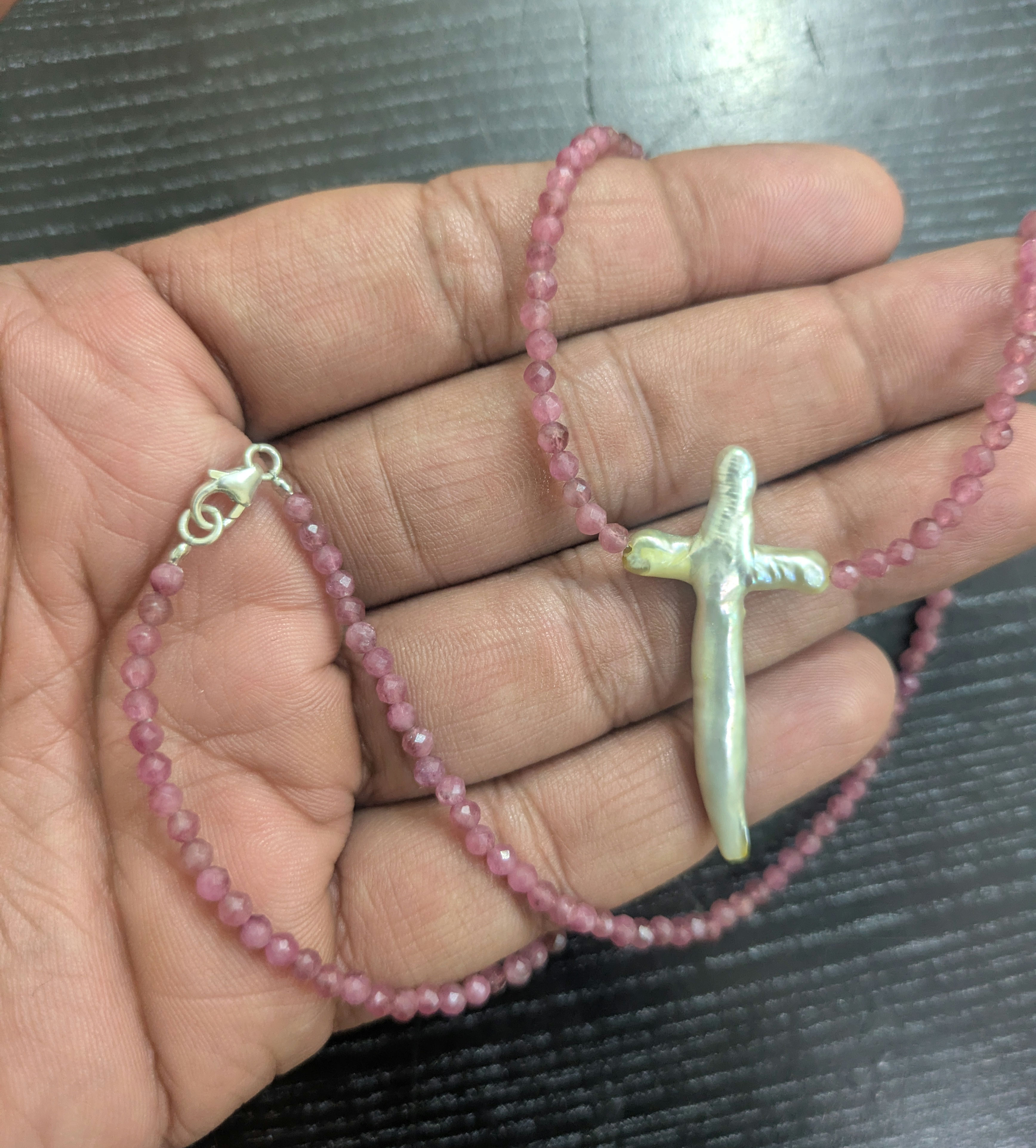Natural Pearl cross & Pink tourmaline beads Necklace with sterling silver lock