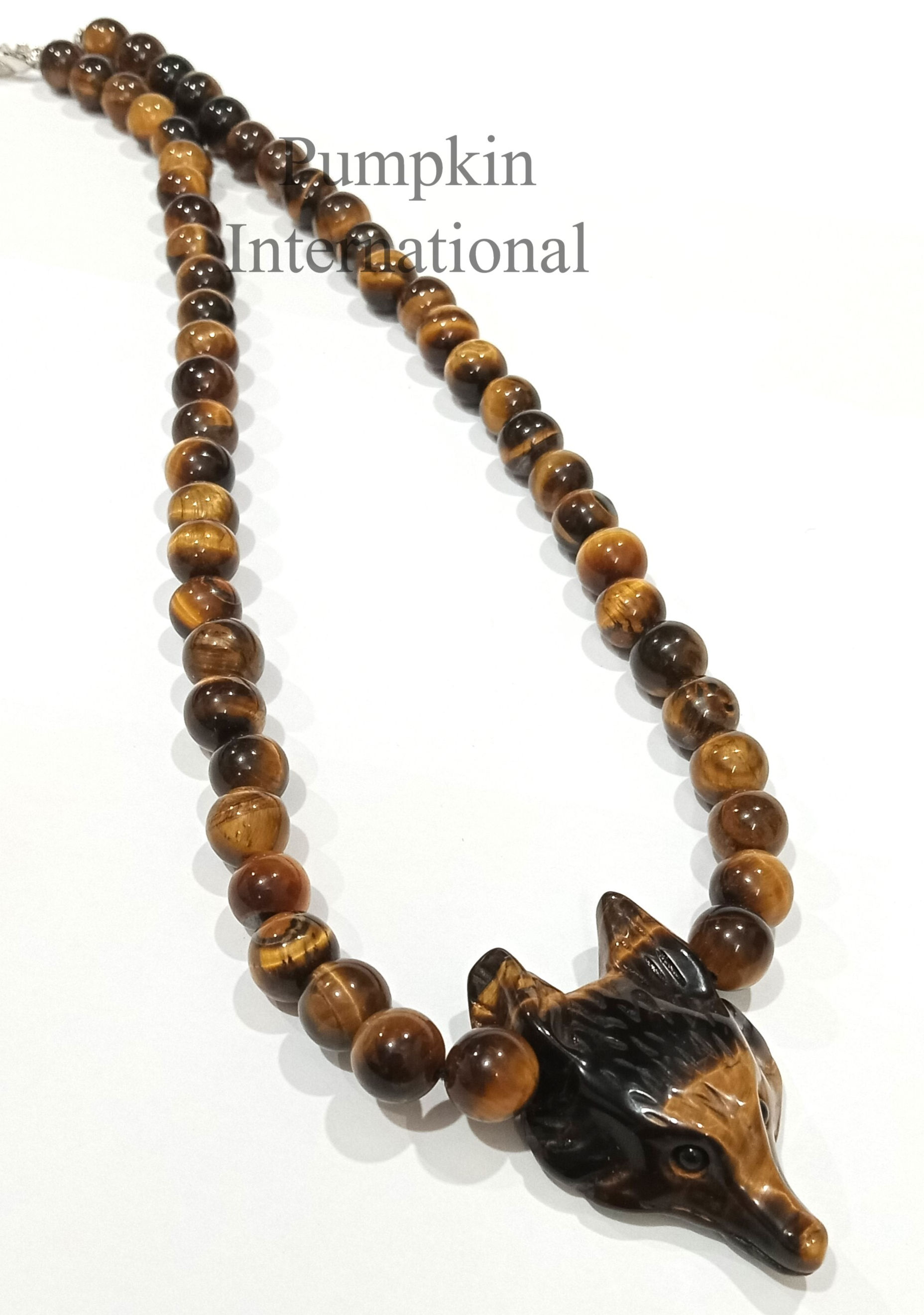 Natural Tiger Eye 8 mm Round Beads With Carved Wolf Face Pendant Necklace