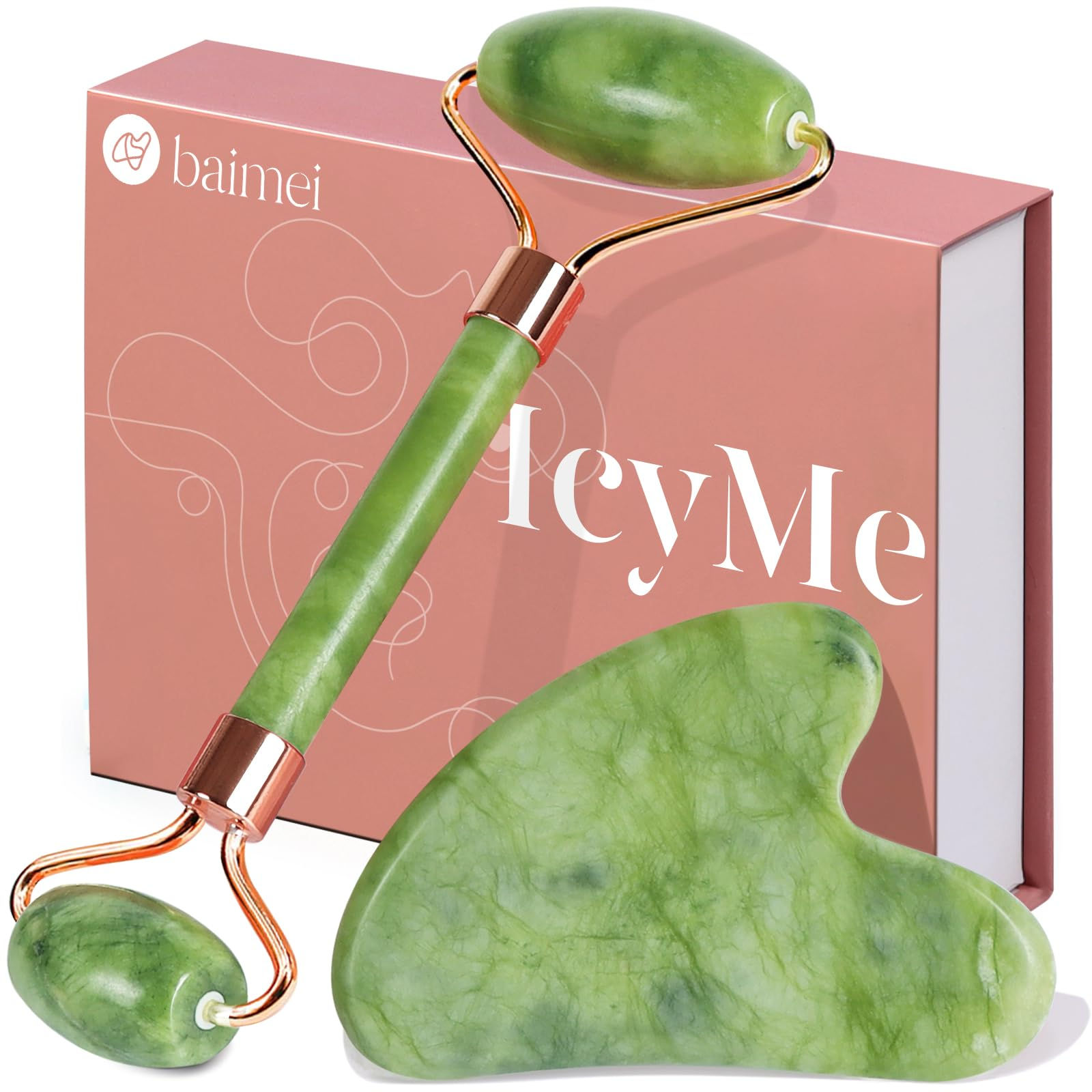 BAIMEI Jade Gua Sha & Facial Roller Set for Face and Neck Massage