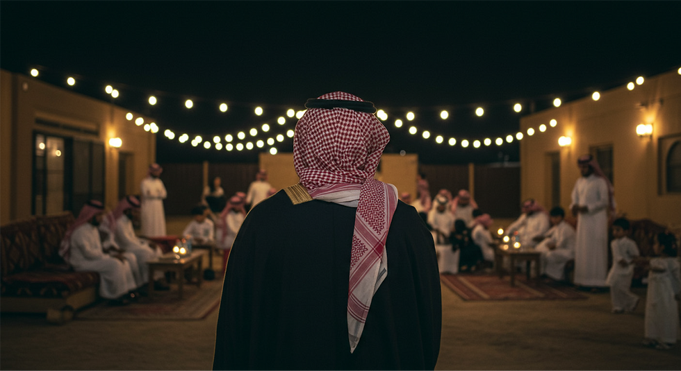 Men in traditional attire at outdoor night gathering with string lights