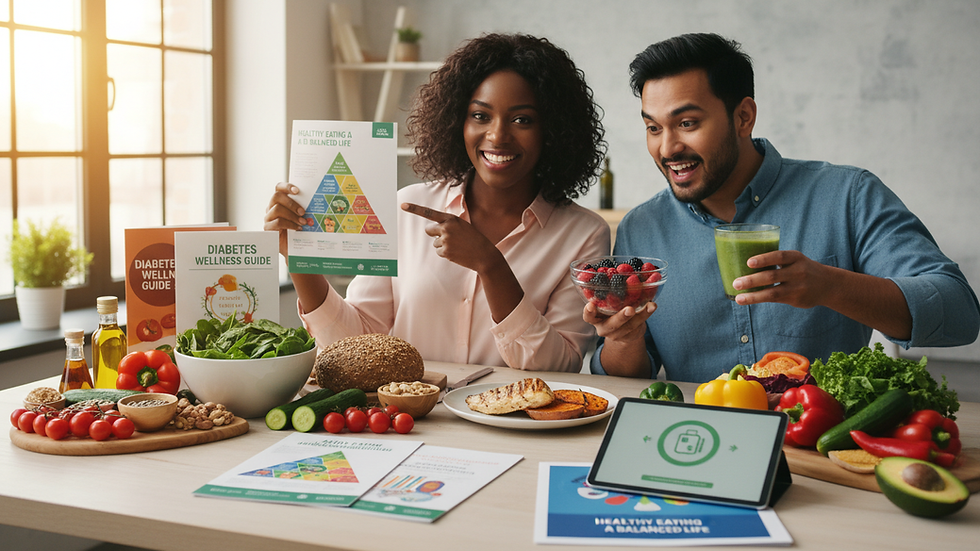 Close-up view of diabetes education materials and healthy food options