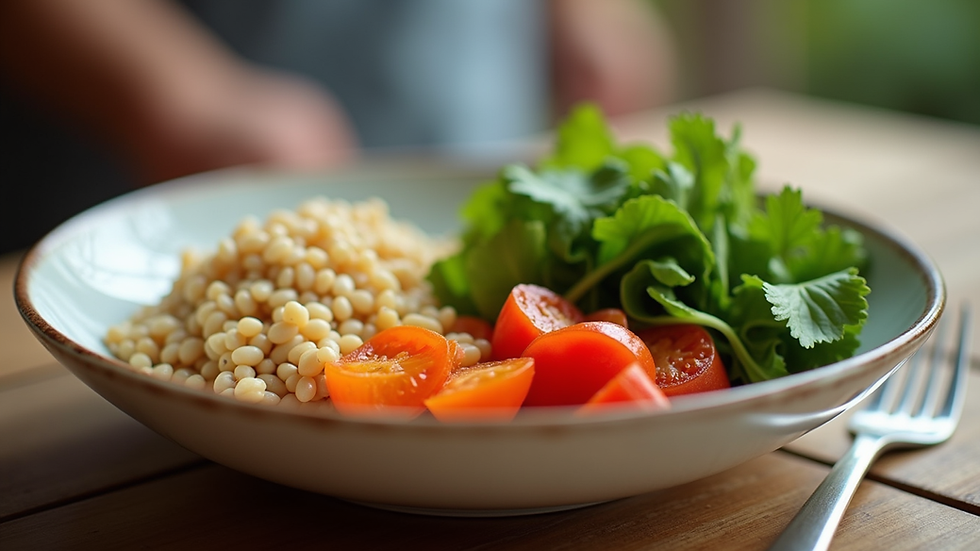 Eye-level view of a healthy balanced meal with vegetables and grains