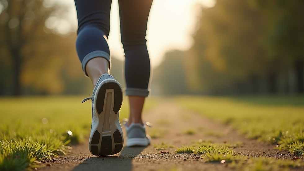Close-up view of a person walking outdoors in a park for exercise