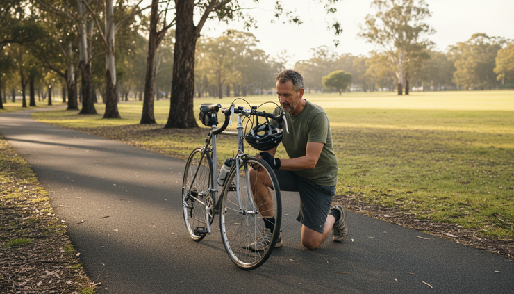 Wide-angle view of a middle aged man preparing a road bike beside a quiet path.