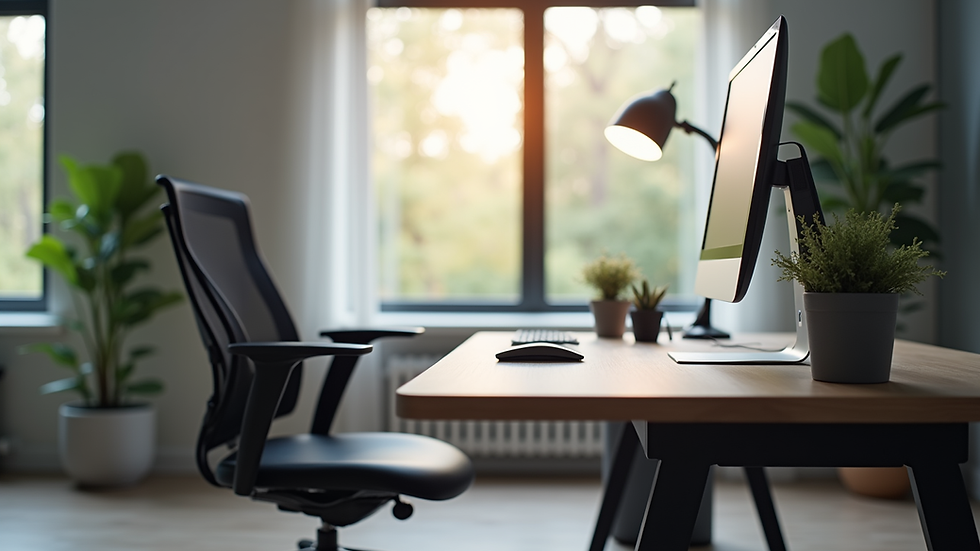 Eye-level view of an ergonomic office desk setup with computer and chair