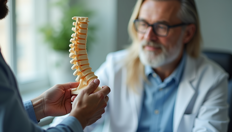 Close-up view of a spine model held by a chiropractor explaining spinal alignment