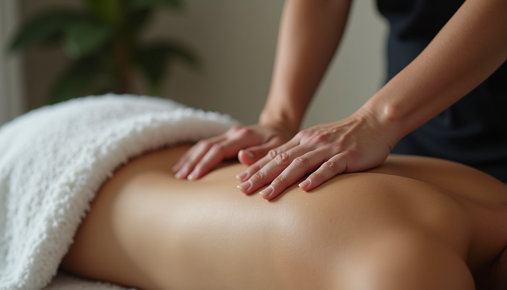 Close-up view of a massage therapist applying deep tissue massage on a person's back muscles