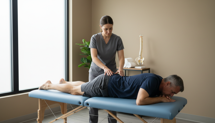 Close-up view of a chiropractor checking lower back movement while a middle aged man lies on a treatment table.