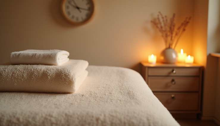 Eye-level view of a massage room with a massage table and calming decor