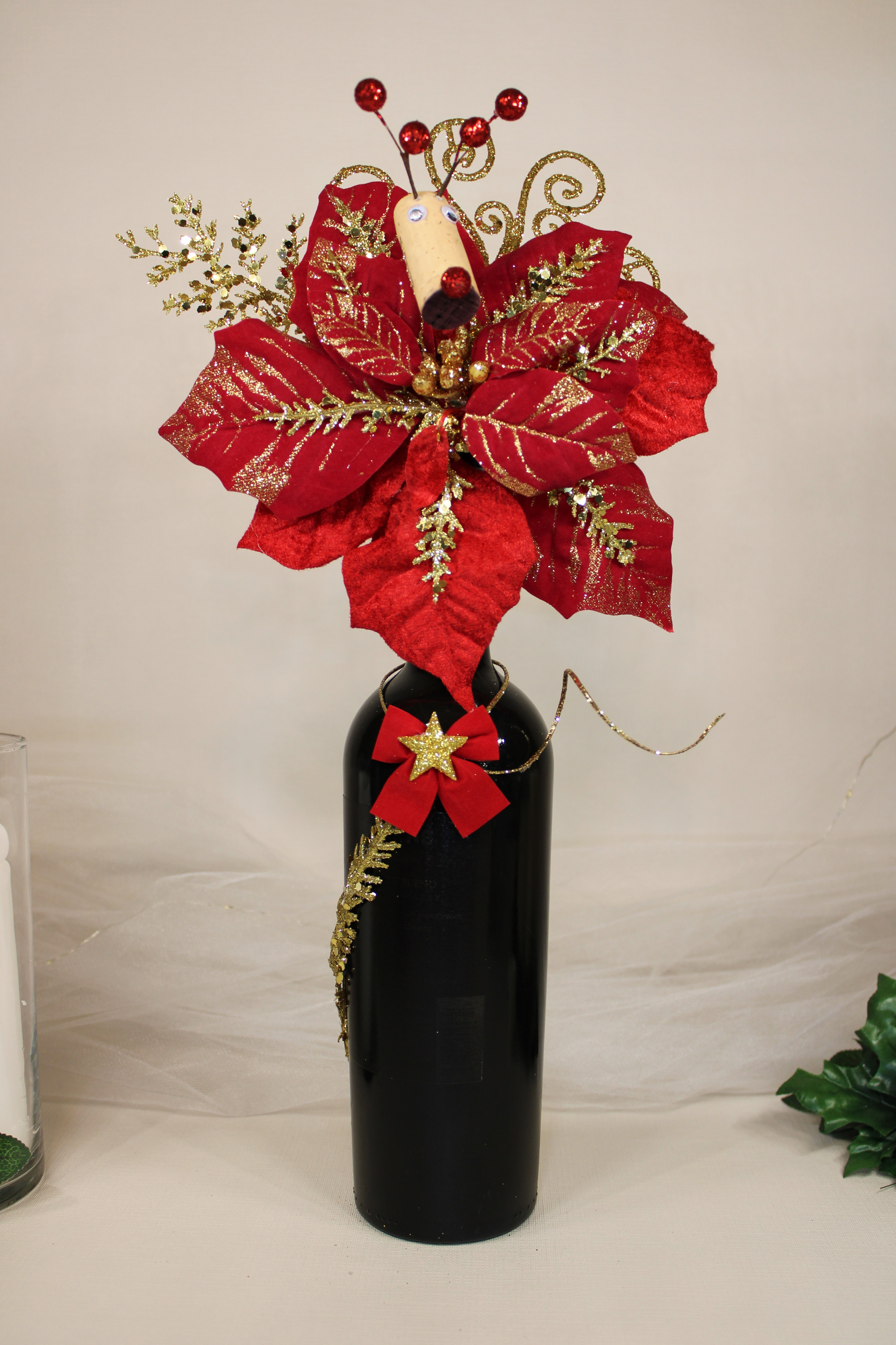 Holiday Wine Bottle - Poinsettia & Reindeer