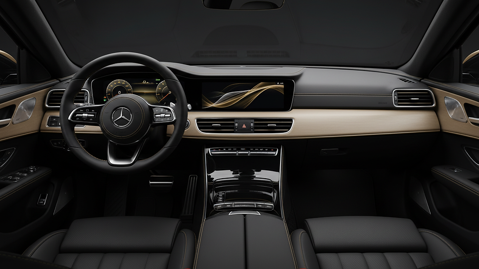 Eye-level view of a clean car interior dashboard and steering wheel