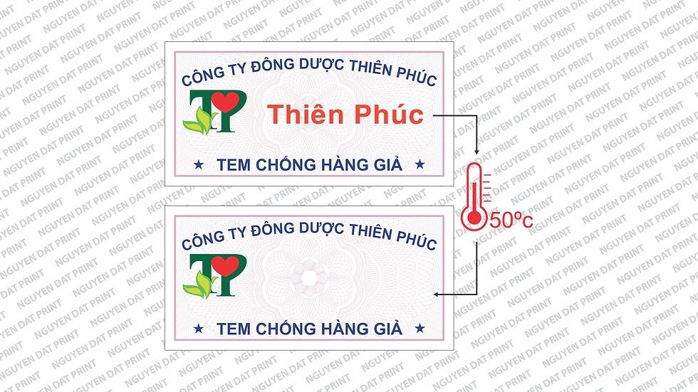 Nhãn Thiên Phúc với logo và text xanh, đỏ; nhiệt độ 50°C thay đổi màu. Nền họa tiết chữ NGUYEN DAT PRINT xám nhạt.