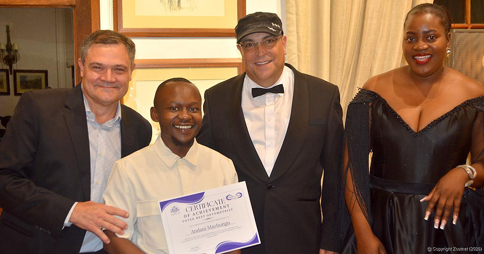 The CEO of Nimpa Ltd, Hermann Kohlöffel (second from right), the Head Optometrist for D&H, Henry Malan (left), the winner Andani Mavhungu and D&H Care Consultant, Khetho Nemanashe (right).