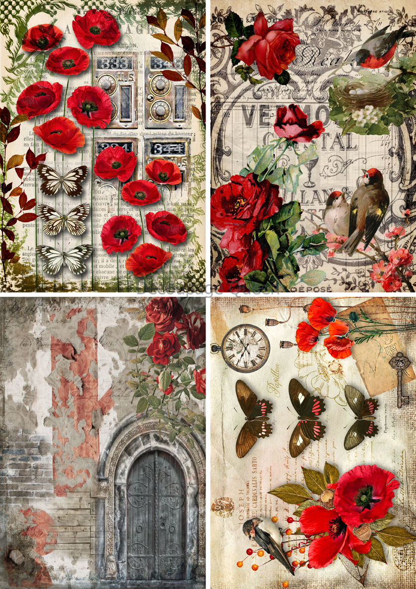 Decoupage Queen - Roses and Poppies 4 Pack (1 A4 Sheet)