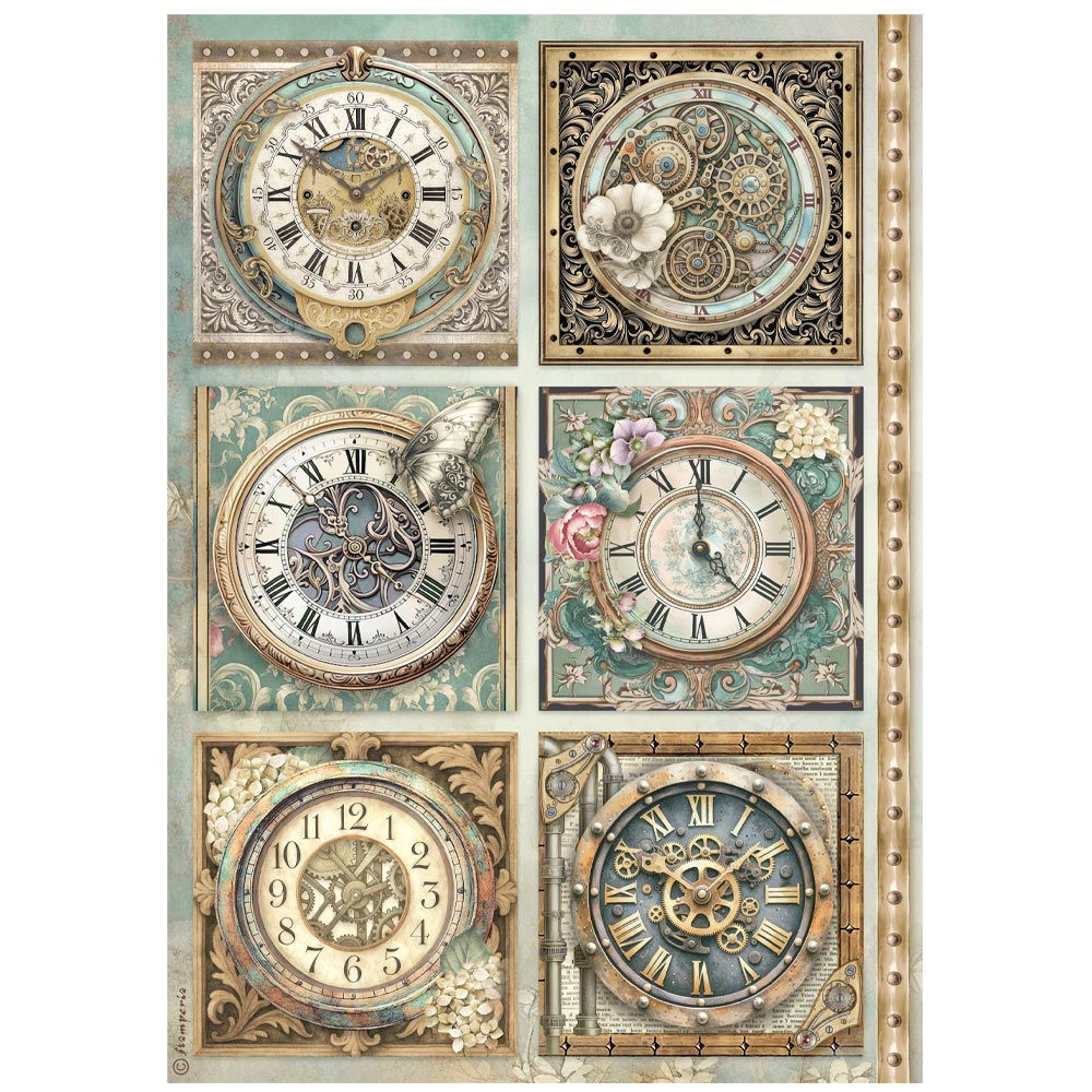 Stamperia A4 Decoupage Rice Paper - Gardens of Time - 6 Clocks