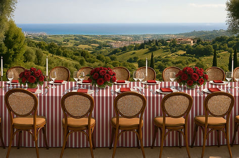 Pomodoro red chic stripe tablecloth linen rentals for wedding and events decor