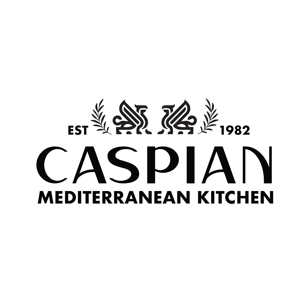 Caspian Mediterranean Kitchen logo on black background, text Caspian Mediterranean Kitchen.