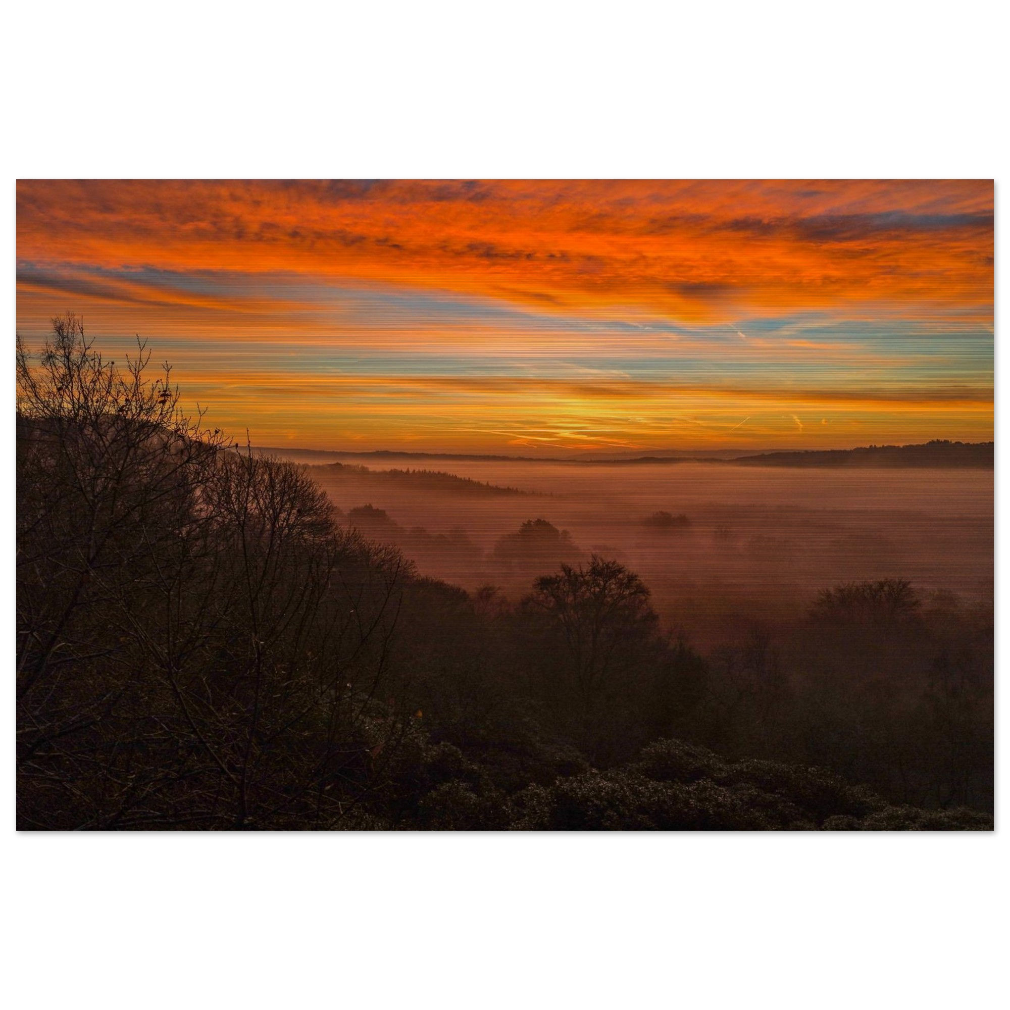 Misty Sunrise Landscape Print, Morning Fog Sunrise Brushed Aluminum Print