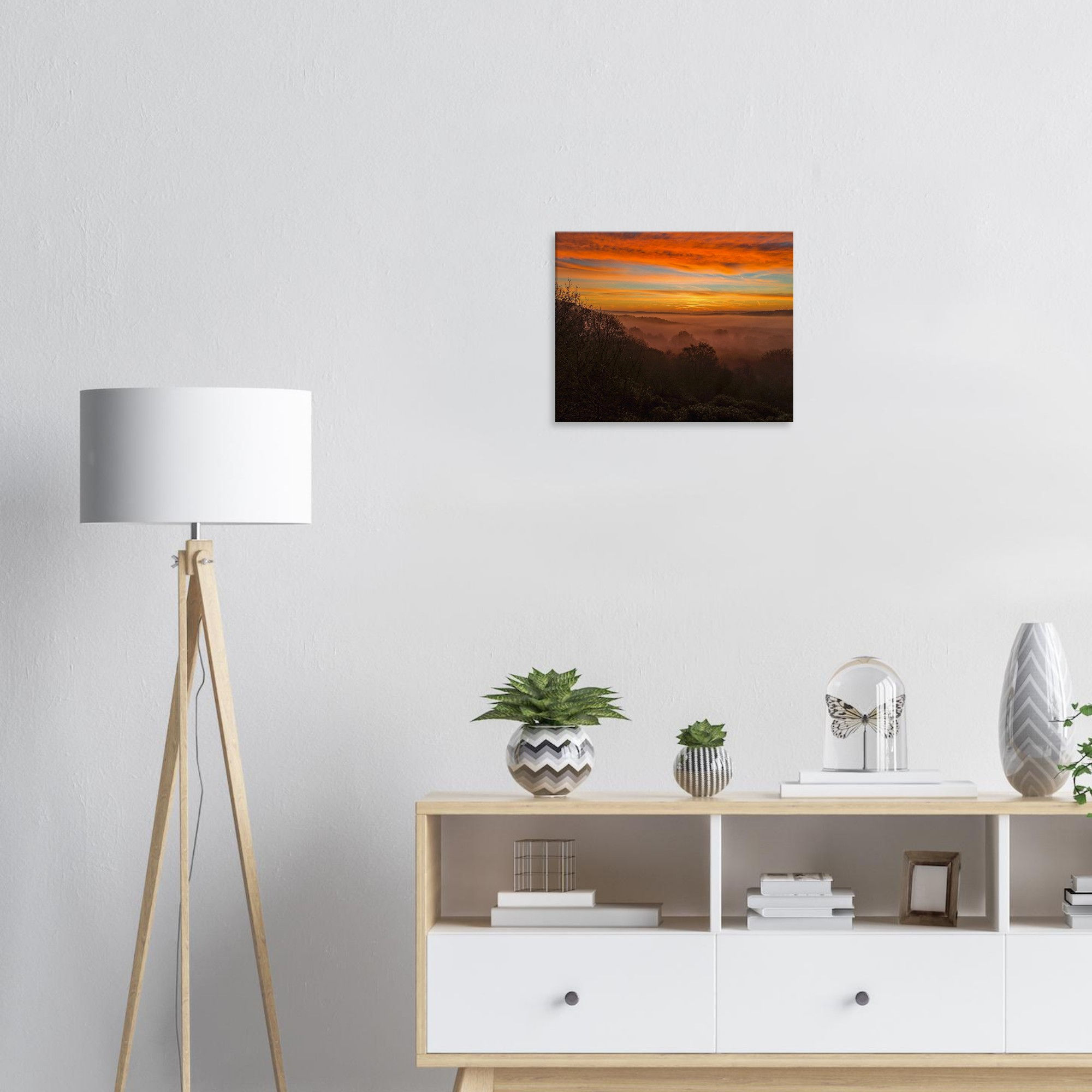 Misty Sunrise Landscape Print, Golden Sky Forest, Morning Fog Nature Canvas