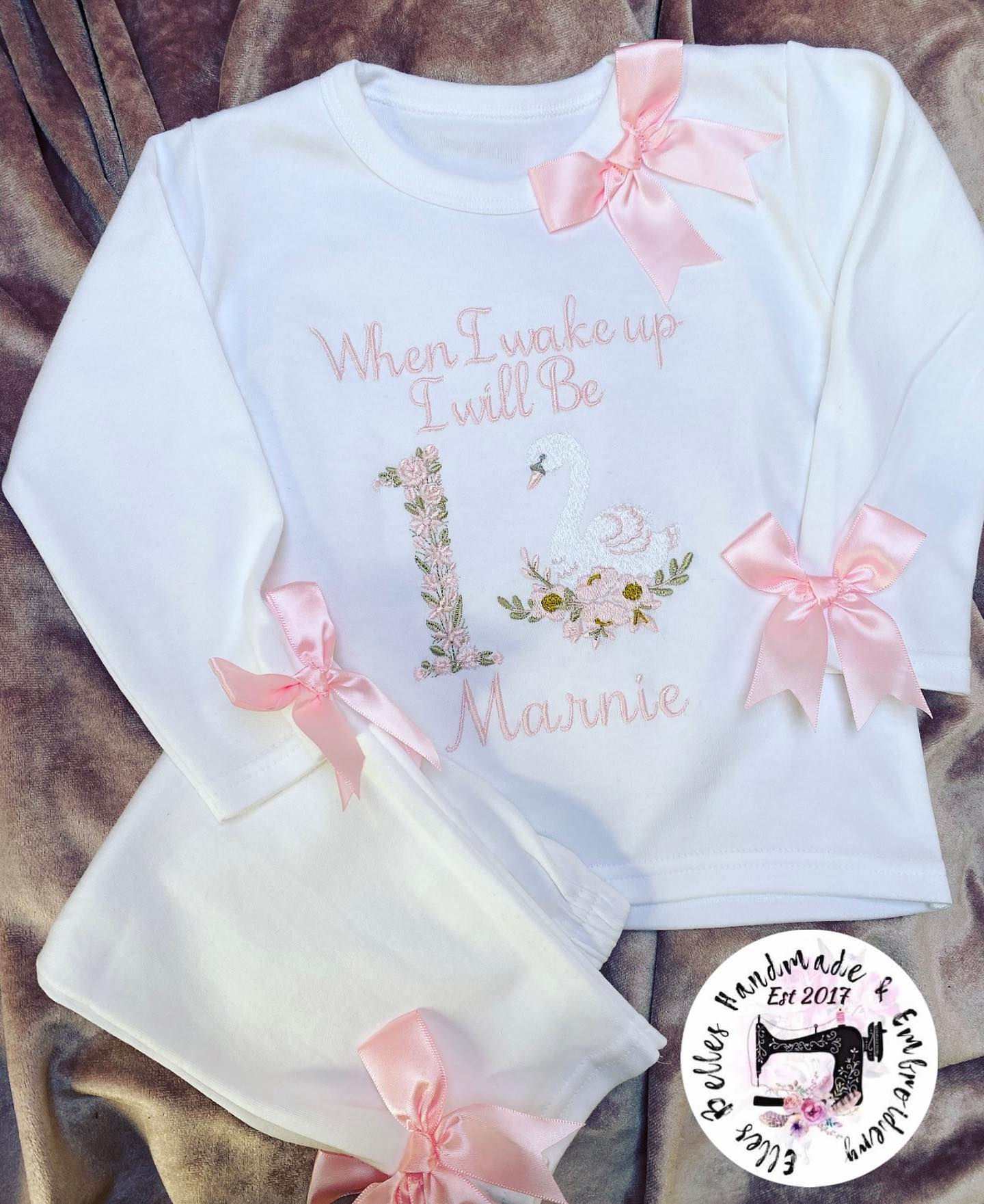 When I Wake Up Personalised, Swan Bow Embroidered Pyjamas