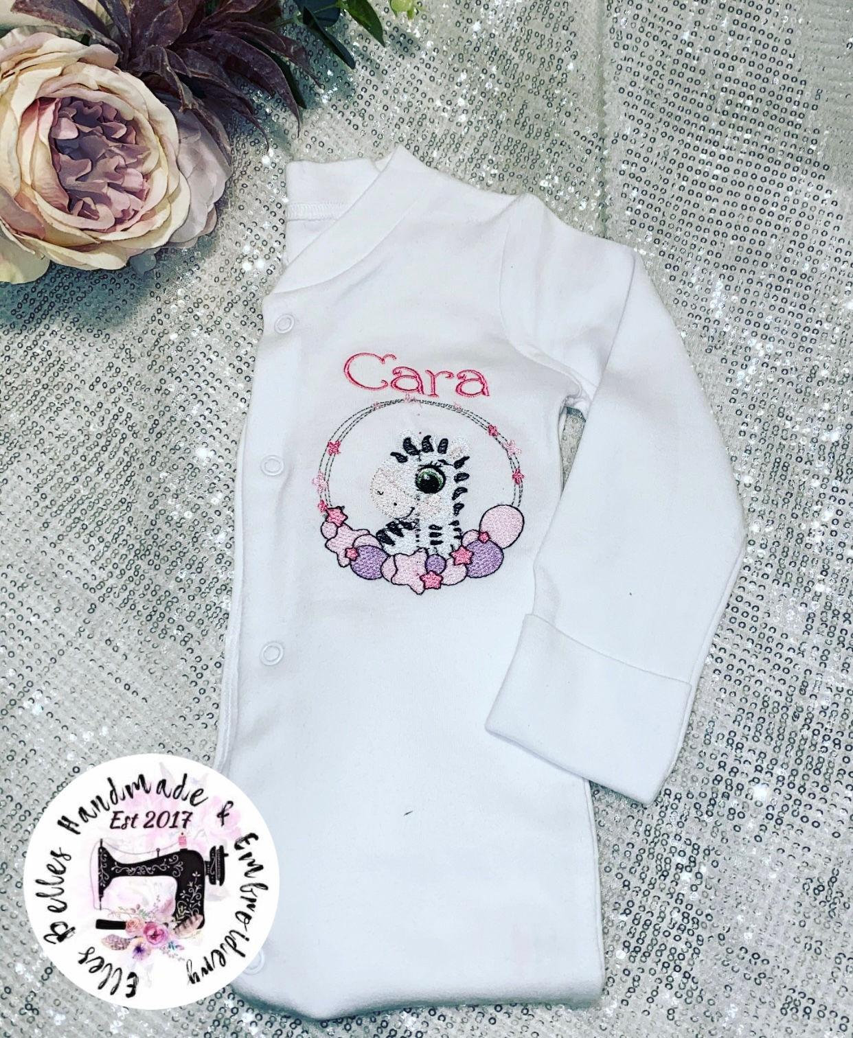 Zebra with ballons Boy/Girl Design- Personalised Baby Sleepsuit 