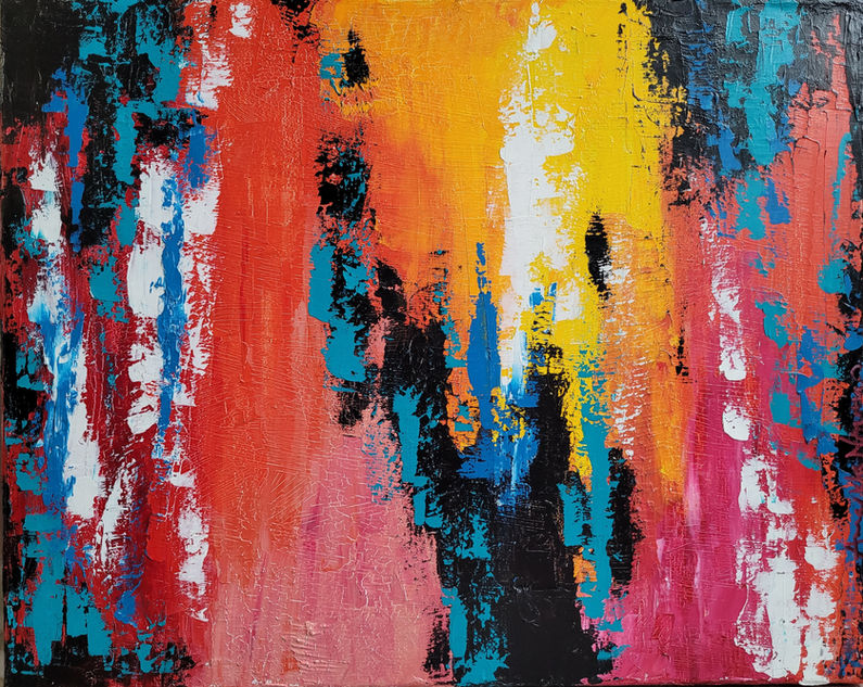 summer day hot red pink yellow teal blue black white bold bright intense color colorful abstract contemporary artist amanda norman oil painting palette knife texture 