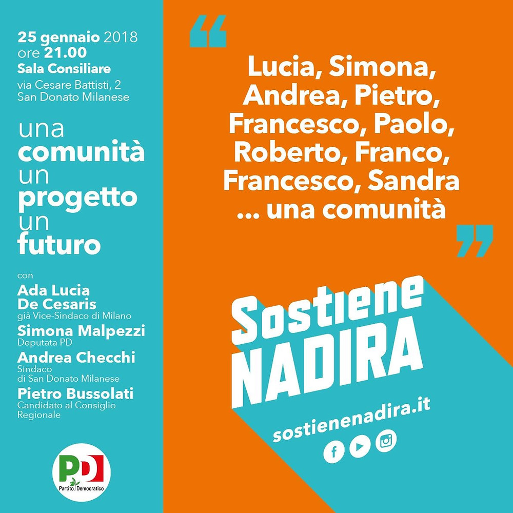 Giovedì 25 gennaio in sala consiliare alle 21. Presentazione della candidatura alle Regionali di Nadira Hairague, del Circolo PD di San Donato Milanese.