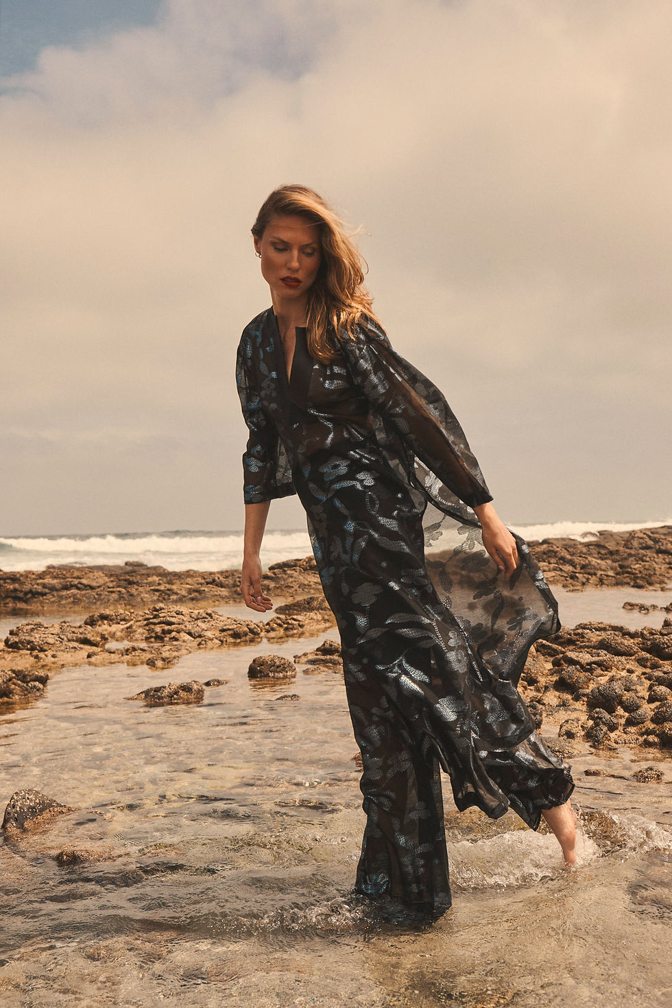 Thumbnail: Túnica Jacquard Lamé flor azul