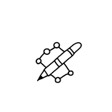 Black and white icon with a pen that connects the lines and dots that surround it together.