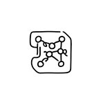 Black and white icon in the shape of paper with circles and lines showing many different connections.