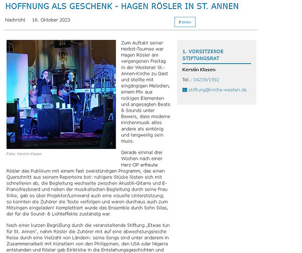 Artikel über einen Auftritt in der Kirche St. Annen