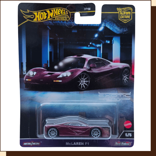 Hot Wheels Premium McLaren F1 in wijnrood uit de Exotic Envy-serie van 2024 - voorkant verpakking