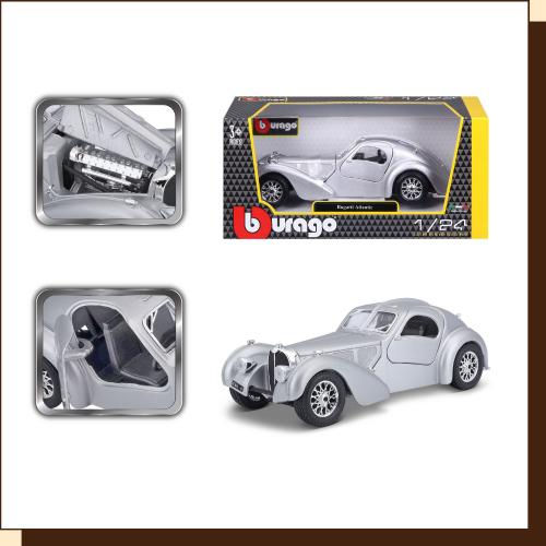 Thumbnail: Zilveren Bugatti-modelauto in meerdere weergaven, Bburago-verpakking en close-ups.