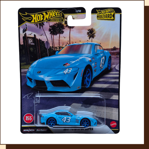 Hot Wheels Premium 2021 Toyota GR Supra #155 in Petty Racing Blue - voorkant verpakking