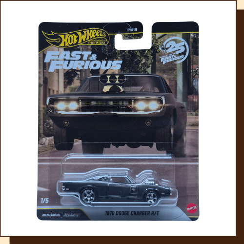Hot Wheels Premium 1970 Dodge Charger R/T in Spectraflame zwart - voorkant verpakking