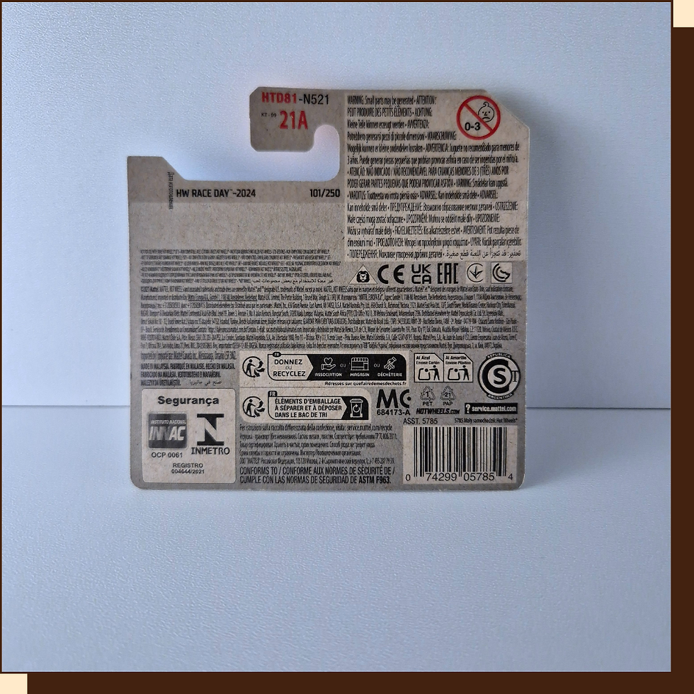 Thumbnail: Achterkant Hot Wheels verpakking met informatie en barcodes, 21A, details, tekst.
