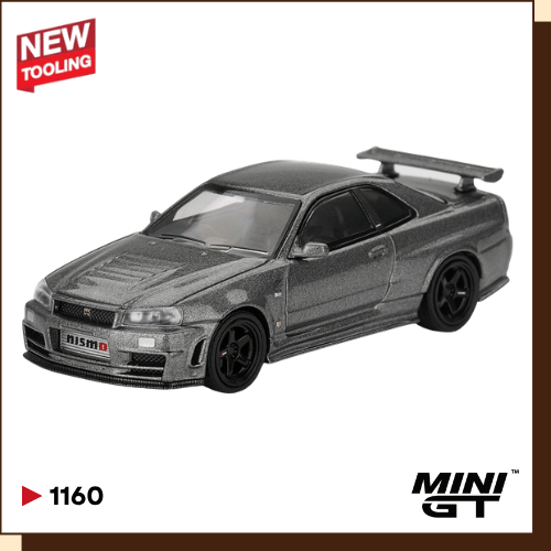 Voorkant van de dark metal gray MINI GT Skyline GT-R (R34) NISMO CRS in schaal 1:64