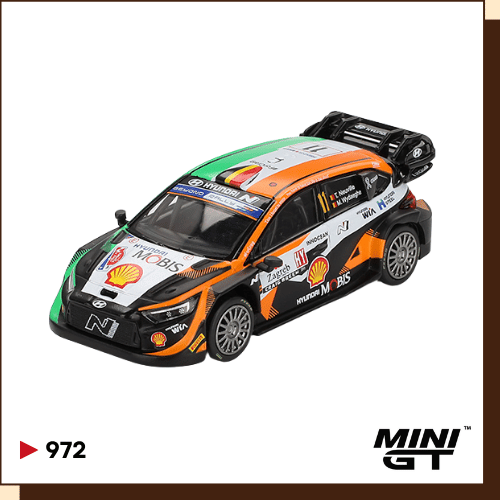 Voorkant van de wit-zwarte MINI GT Hyundai i20 N Rally1 #11 in schaal 1:64