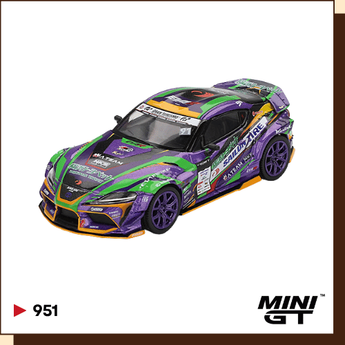 Voorkant van de paarse MINI GT Toyota GR Supra KUHL D1GP in schaal 1:64