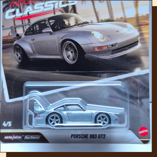 Hot Wheels Premium Porsche 993 GT2 in zilver - detail van model en kaart