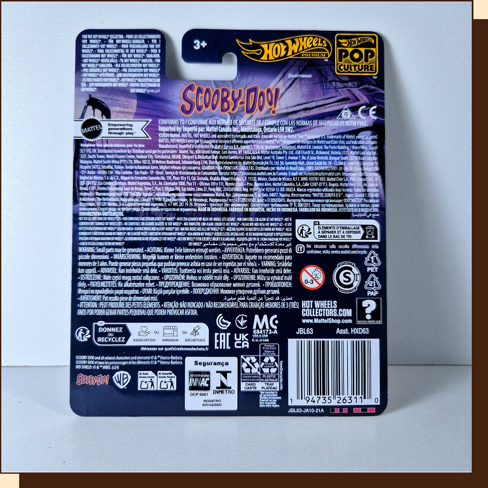 Thumbnail: Achterkant van Hot Wheels Scooby-Doo verpakking met veel kleine tekst en details.