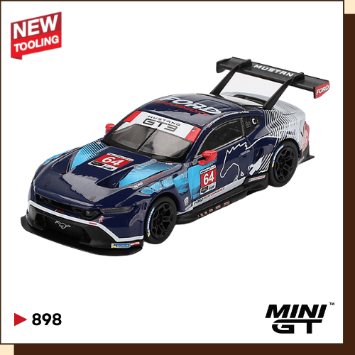 Voorkant van de donkerblauwe MINI GT Ford Mustang GT3 #64 in schaal 1:64