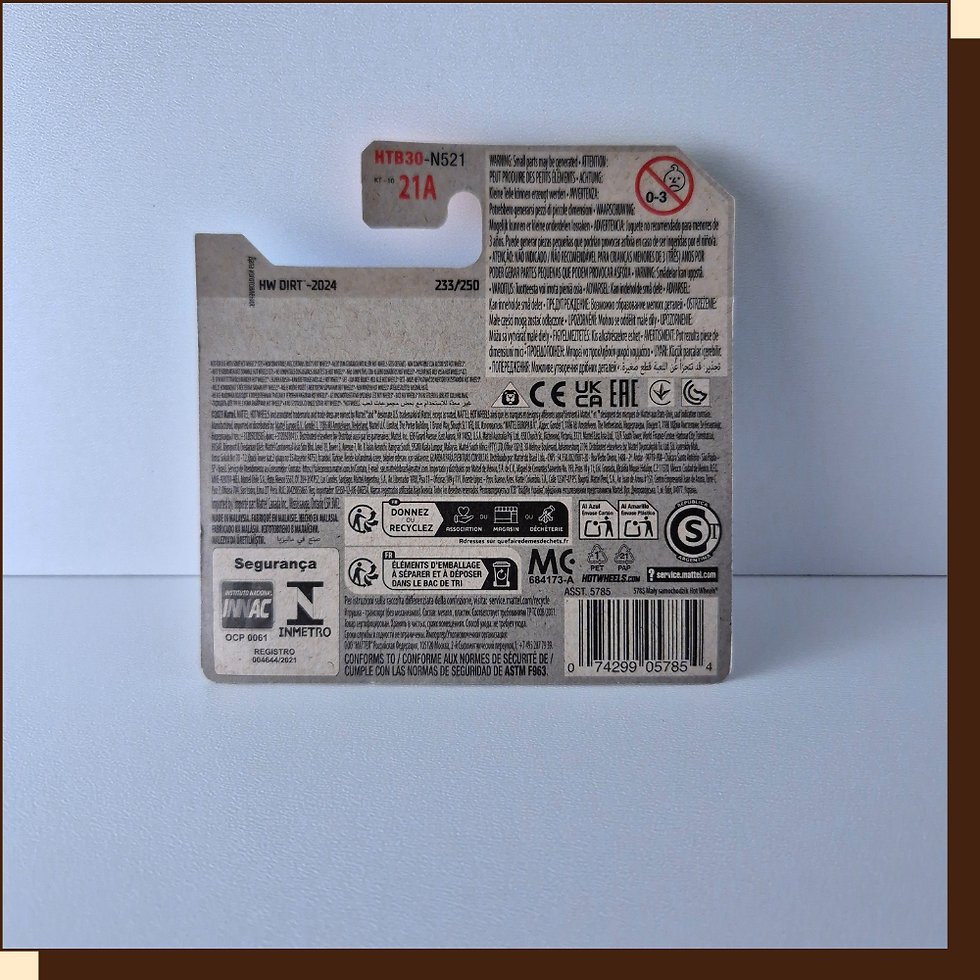 Thumbnail: Achterkant Hot Wheels verpakking met informatie en barcode, witte achtergrond.