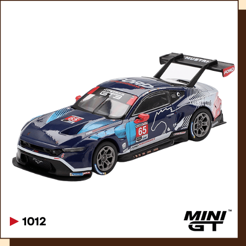 Voorkant van de donkerblauwe MINI GT Ford Mustang GT3 #65 in schaal 1:64