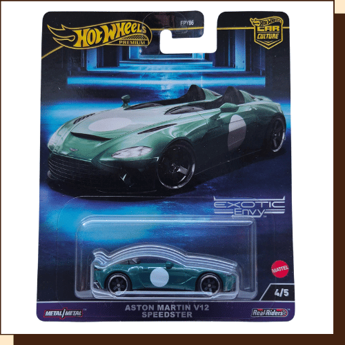 Hot Wheels Premium Aston Martin V12 Speedster in groen uit de Exotic Envy-serie van 2024 - voorkant verpakking