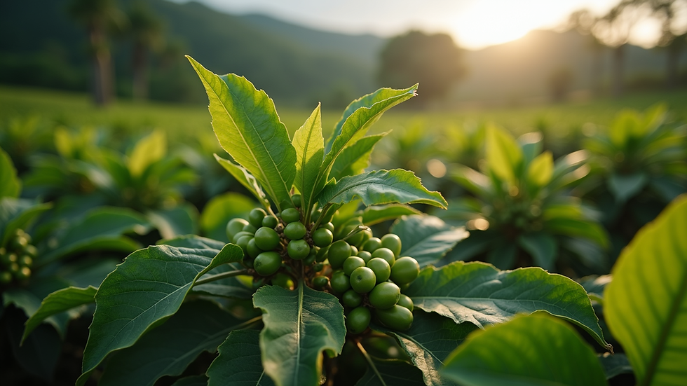 Close-up view of green coffee plants in a Colombian farm