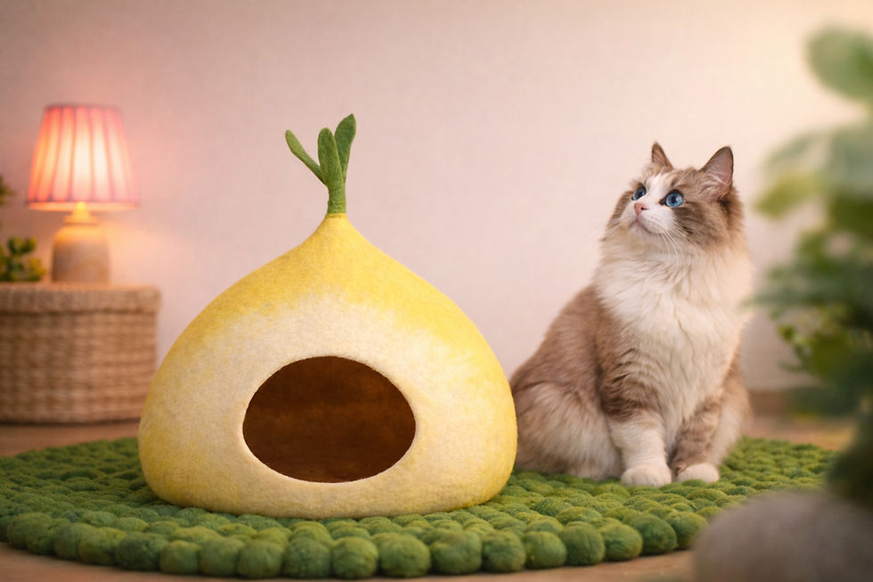 Modern green felt cat cave handcrafted from premium wool