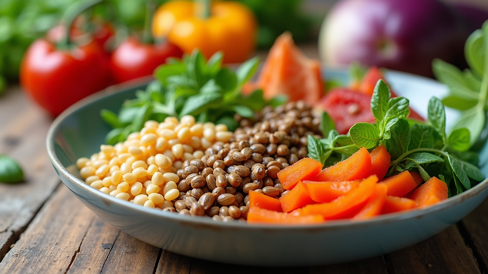 Close-up view of a colorful holistic nutrition meal with vegetables and grains