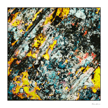 Abstract layers of black, grey, yellow and turquoise paint form a heavily textured surface, broken by diagonal marks and scattered flecks of colour.