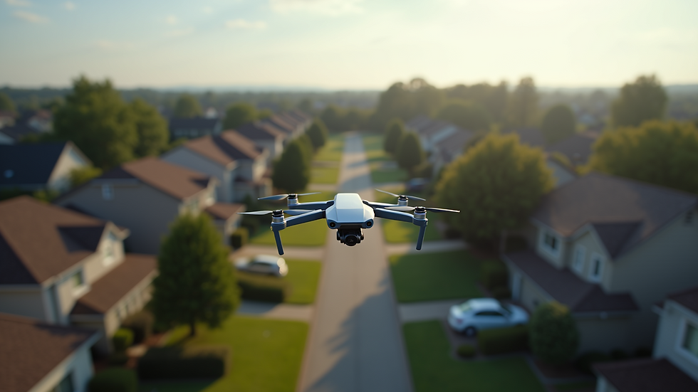 Wide angle view of a drone capturing a suburban neighborhood with houses and trees